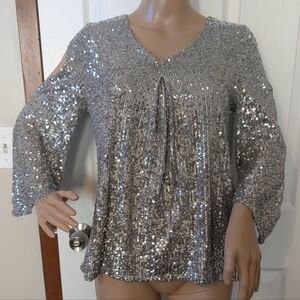 Cable & Gauge Glittering Silver Sequin Blouse- Small